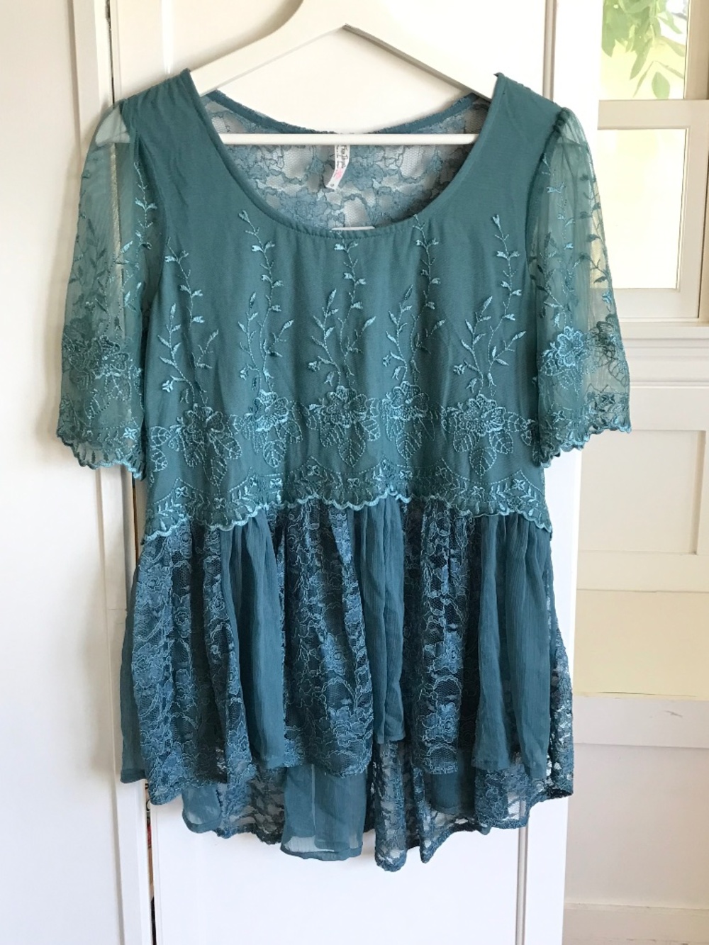 FREE PEOPLE Boho Lace Tunic Babydoll Embroidered Top Teal Blue Size Small NWT